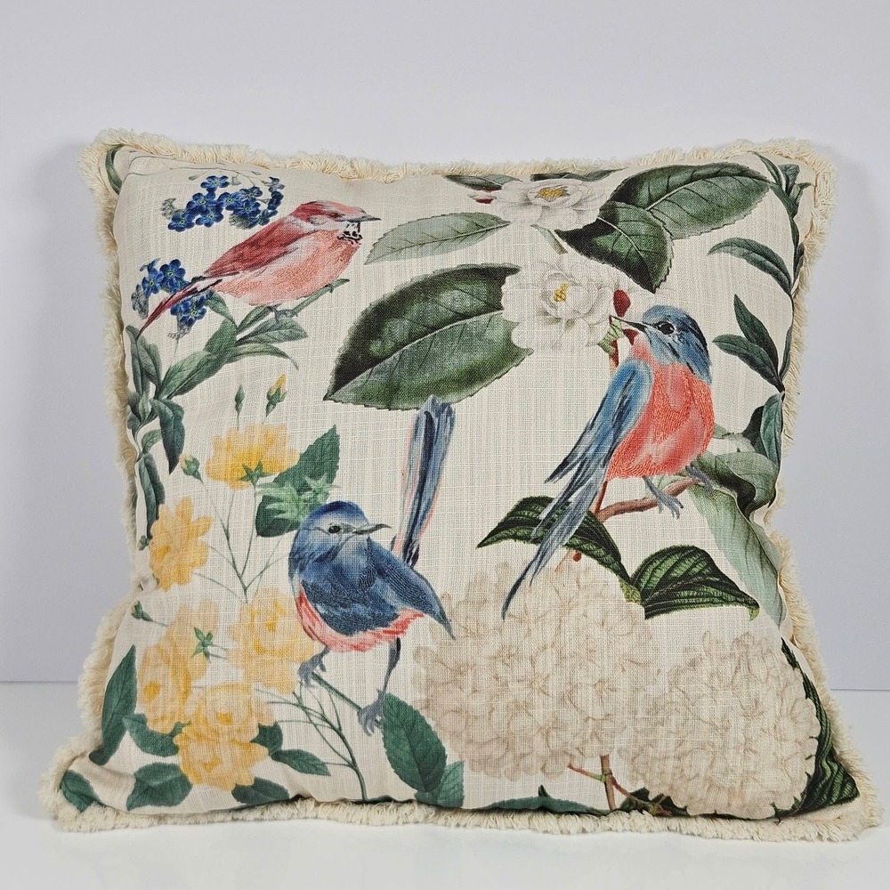 Embroidered Floral Bird Square Throw Pillow Cream Fringe Cottagecore Decor 18"